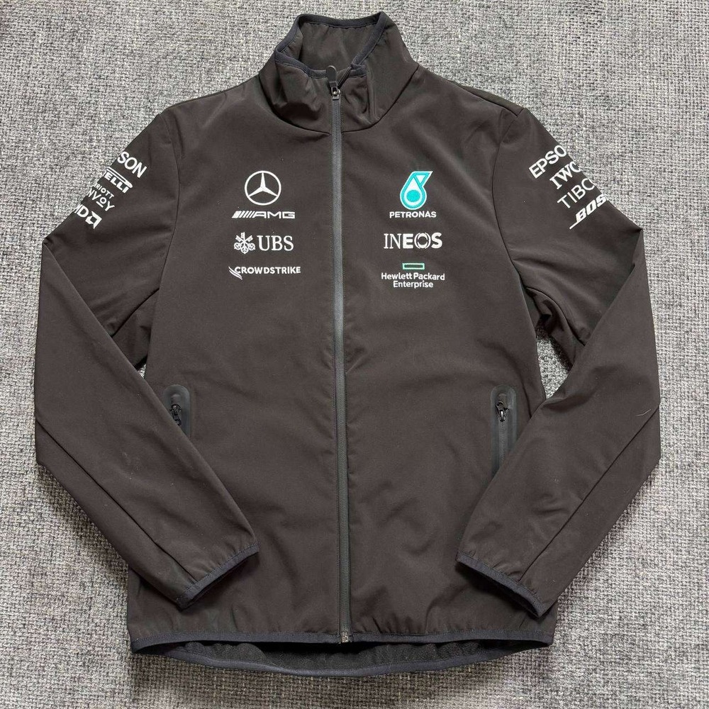 Mercedes AMG Petronas F1 Racing Jacket Mens Small Black Softshell Sponsor Logo